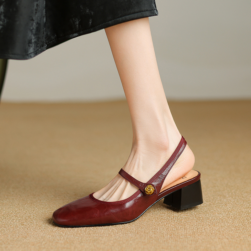 Women’s French Retro Genuine Leather Open-Toe Sandals with Mid-Thick Heels, Backless Mary Jane Style, Vintage Chic Footwear