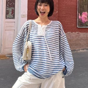 Women's French Striped Long Sleeve T-Shirt - 2025 Summer Lazy Style Sun Protection Cover-Up, Loose Casual Versatile Top