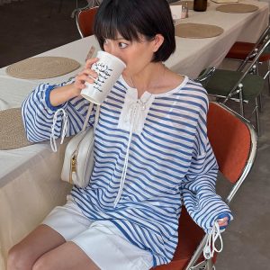 Women's French Striped Long Sleeve T-Shirt - 2025 Summer Lazy Style Sun Protection Cover-Up, Loose Casual Versatile Top
