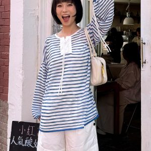 Women's French Striped Long Sleeve T-Shirt - 2025 Summer Lazy Style Sun Protection Cover-Up, Loose Casual Versatile Top