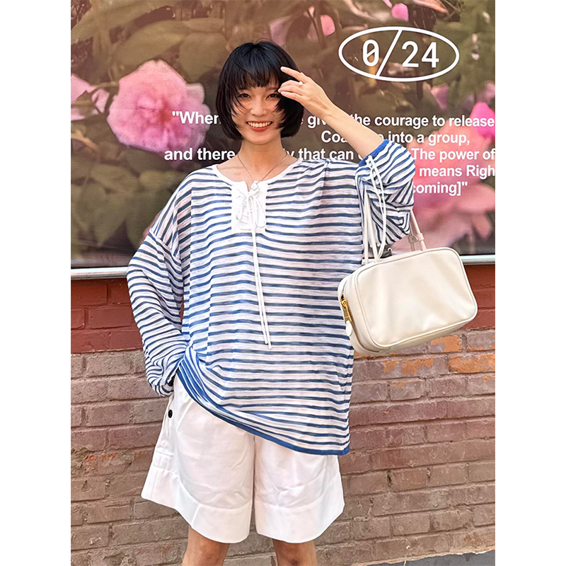 Women's French Striped Long Sleeve T-Shirt - 2025 Summer Lazy Style Sun Protection Cover-Up, Loose Casual Versatile Top