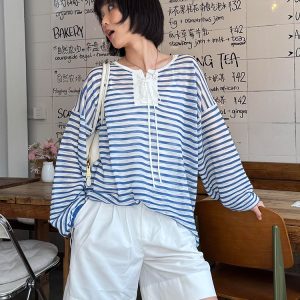 Women's French Striped Long Sleeve T-Shirt - 2025 Summer Lazy Style Sun Protection Cover-Up, Loose Casual Versatile Top