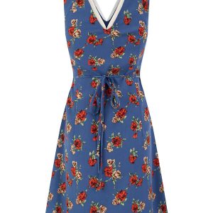 Women's French-Style Floral A-Line Dress - Blue V-Neck Vacation Dress for Summer 2025 - Chic 90s Inspired Fashion