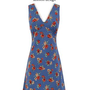 Women's French-Style Floral A-Line Dress - Blue V-Neck Vacation Dress for Summer 2025 - Chic 90s Inspired Fashion