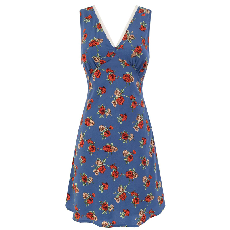 Women's French-Style Floral A-Line Dress - Blue V-Neck Vacation Dress for Summer 2025 - Chic 90s Inspired Fashion