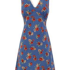 Women's French-Style Floral A-Line Dress - Blue V-Neck Vacation Dress for Summer 2025 - Chic 90s Inspired Fashion
