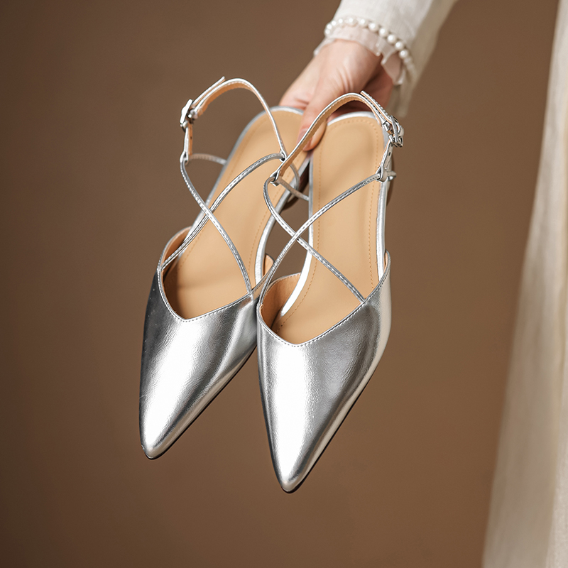 Women's Genuine Leather Backless Flat Sandals - French Pointed Cross-Strap Open-Toe Design, Low-Heeled Casual Loafers Women's Genuine Leather Backless Flat Sandals - French Pointed Cross-Strap Open-Toe Design, Low-Heeled Casual Loafers