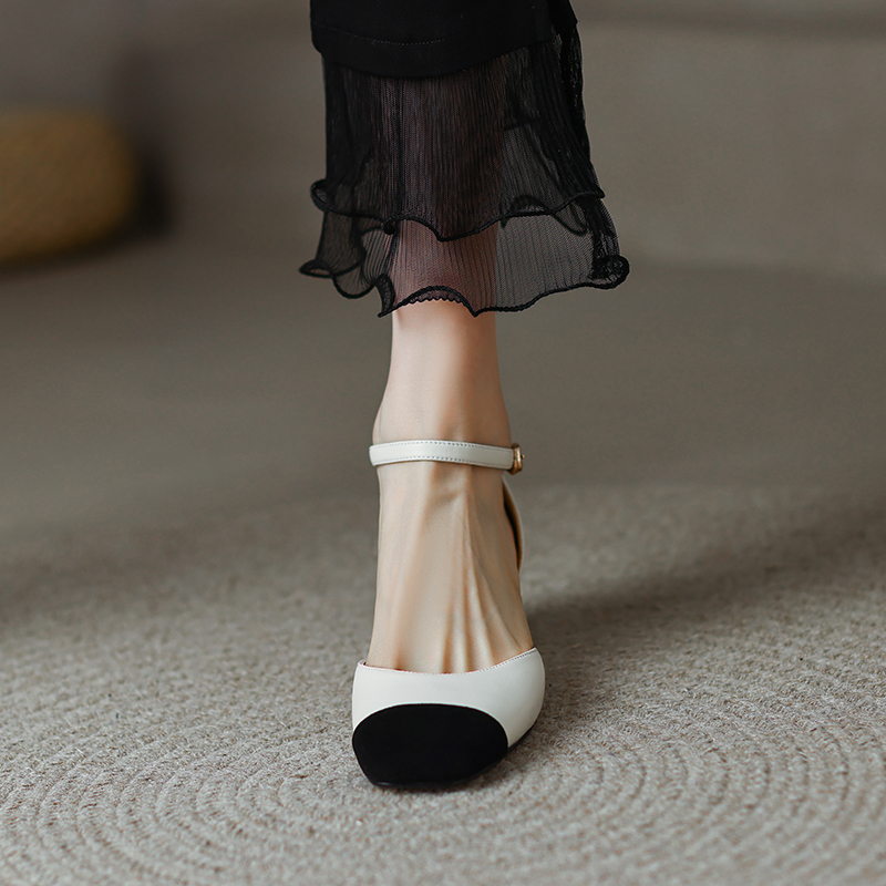 Women’s Genuine Leather Color-Blocking Open-Toe Sandals - Retro Chunky Mid-Heel Hollow Shoes for Summer Fashion