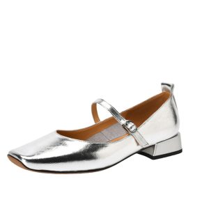 Women's Genuine Leather Low Heel Chunky Mary Jane Shoes - Silver Square Toe - Large Size - Summer 2025 Fashion