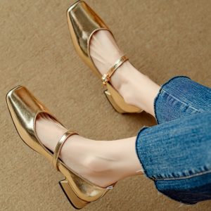 Women's Genuine Leather Low Heel Chunky Mary Jane Shoes - Silver Square Toe - Large Size - Summer 2025 Fashion