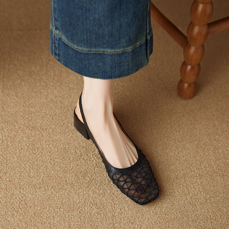 Women’s Genuine Leather Square-Toe Mesh Sandals - Breathable Mid-Heel Summer Footwear, Versatile Closed-Toe Style for 2025