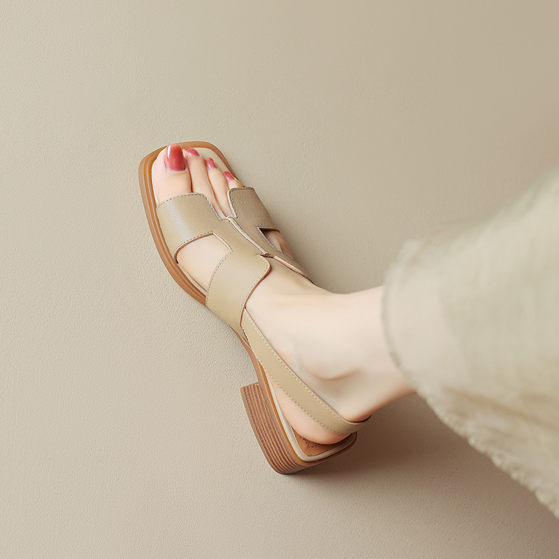 Women's Genuine Leather Square-Toe Open-Toe Sandals - Summer 2025 Mid-Chunky Heel One-Strap for Outdoor Style