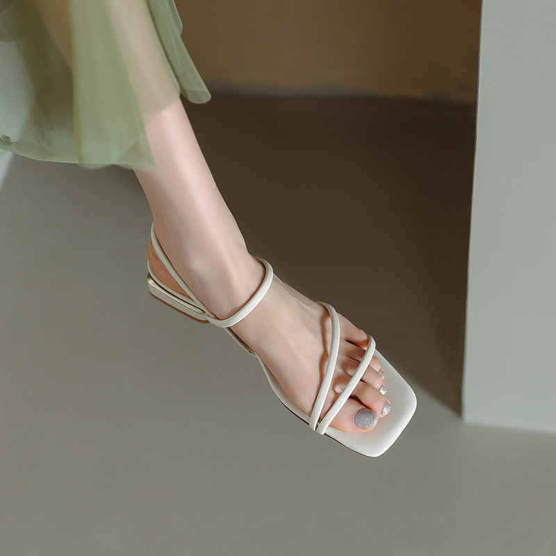 Women's Genuine Leather Square-Toe Open-Toe Sandals, Summer 2025 Fashion, Medium Chunky Heel, One-Strap Style