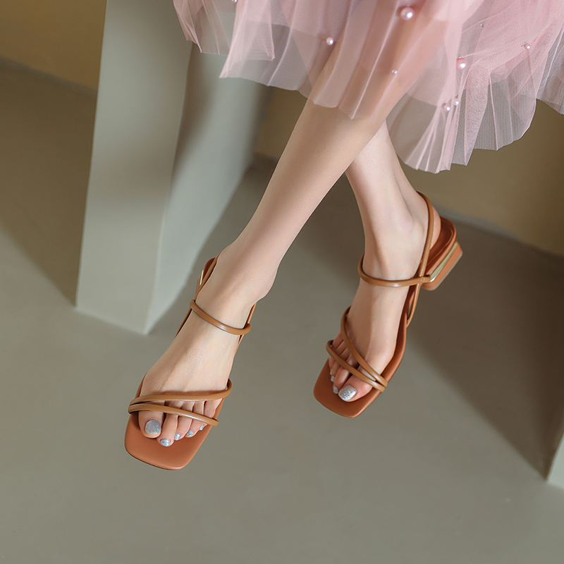 Women's Genuine Leather Square-Toe Open-Toe Sandals, Summer 2025 Fashion, Medium Chunky Heel, One-Strap Style Women's Genuine Leather Square-Toe Open-Toe Sandals, Summer 2025 Fashion, Medium Chunky Heel, One-Strap Style