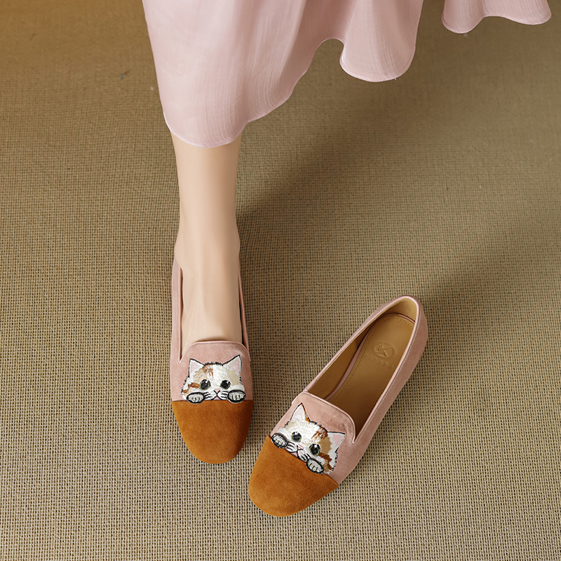 Women's Genuine Leather Suede Lucky Cat Embroidered Slip-On Loafers with Low Chunky Heels - Trendy Y2K Inspired Footwear