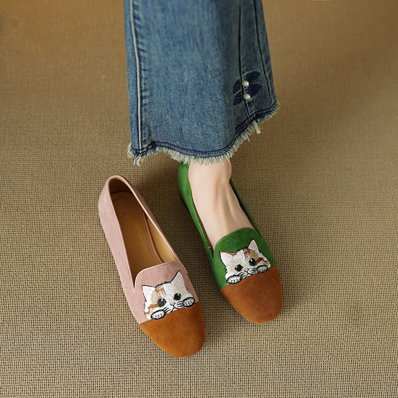 Women's Genuine Leather Suede Lucky Cat Embroidered Slip-On Loafers with Low Chunky Heels - Trendy Y2K Inspired Footwear