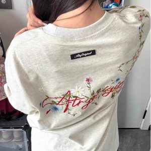 Women's Gray Floral Embroidered High Street T-Shirt - Summer Short Sleeve Heavyweight Cotton Top, Trendy American Style