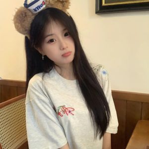 Women's Gray Floral Embroidered High Street T-Shirt - Summer Short Sleeve Heavyweight Cotton Top, Trendy American Style