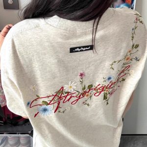 Women's Gray Floral Embroidered High Street T-Shirt - Summer Short Sleeve Heavyweight Cotton Top, Trendy American Style