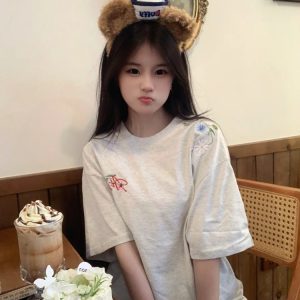 Women's Gray Floral Embroidered High Street T-Shirt - Summer Short Sleeve Heavyweight Cotton Top, Trendy American Style