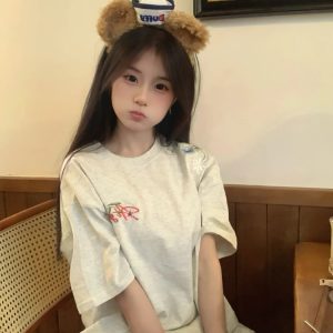 Women's Gray Floral Embroidered High Street T-Shirt - Summer Short Sleeve Heavyweight Cotton Top, Trendy American Style