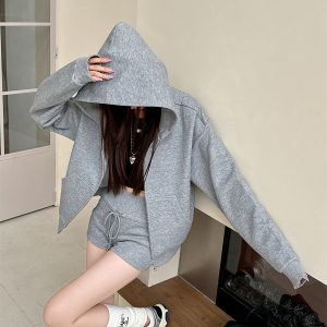 Women's Gray Loose Hooded Sweatshirt and Shorts Two-Piece Set, Light Fabric, Casual Zip-Up Cardigan, Relaxed Style