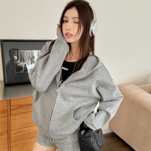 Women's Gray Loose Hooded Sweatshirt and Shorts Two-Piece Set, Light Fabric, Casual Zip-Up Cardigan, Relaxed Style