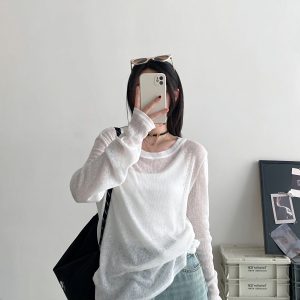 Women's Gray Semi-Transparent Round Neck Sun Protection T-Shirt - Loose Fit, Long Sleeve Knitted Top for Summer, Korean Style Fashion
