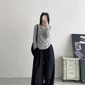 Women's Gray Semi-Transparent Round Neck Sun Protection T-Shirt - Loose Fit, Long Sleeve Knitted Top for Summer, Korean Style Fashion