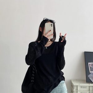 Women's Gray Semi-Transparent Round Neck Sun Protection T-Shirt - Loose Fit, Long Sleeve Knitted Top for Summer, Korean Style Fashion