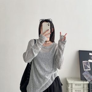 Women's Gray Semi-Transparent Round Neck Sun Protection T-Shirt - Loose Fit, Long Sleeve Knitted Top for Summer, Korean Style Fashion