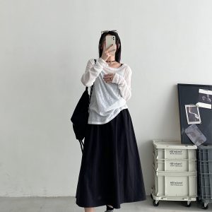 Women's Gray Semi-Transparent Round Neck Sun Protection T-Shirt - Loose Fit, Long Sleeve Knitted Top for Summer, Korean Style Fashion