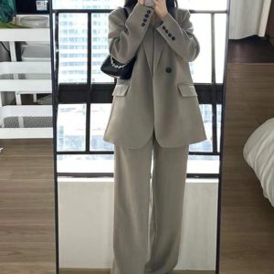 Women's Gray Suit Set - Casual Blazer & Wide-Leg Pants, Chic 2025 Style, High-End Feel, Perfect for Petite Sizes