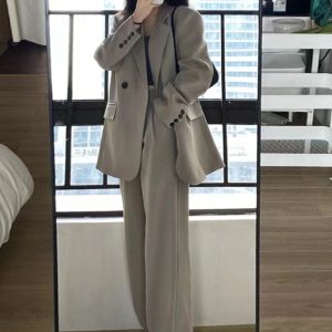Women's Gray Suit Set - Casual Blazer & Wide-Leg Pants, Chic 2025 Style, High-End Feel, Perfect for Petite Sizes
