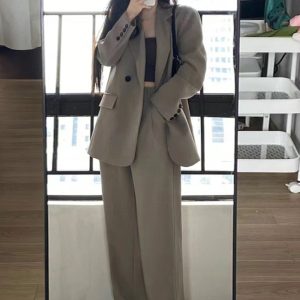 Women's Gray Suit Set - Casual Blazer & Wide-Leg Pants, Chic 2025 Style, High-End Feel, Perfect for Petite Sizes