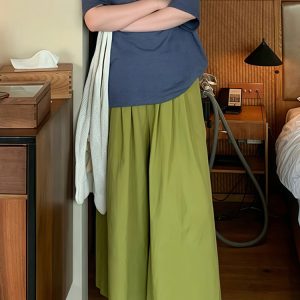 Women’s Green Draped Wide-Leg Pants, Summer Loose BF Style, Relaxed Fit for Petite Sizes, Trendy 2025 Fashion