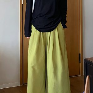 Women’s Green Draped Wide-Leg Pants, Summer Loose BF Style, Relaxed Fit for Petite Sizes, Trendy 2025 Fashion