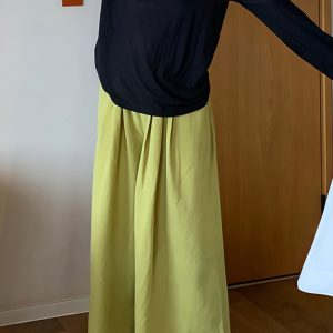 Women’s Green Draped Wide-Leg Pants, Summer Loose BF Style, Relaxed Fit for Petite Sizes, Trendy 2025 Fashion