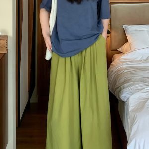 Women’s Green Draped Wide-Leg Pants, Summer Loose BF Style, Relaxed Fit for Petite Sizes, Trendy 2025 Fashion