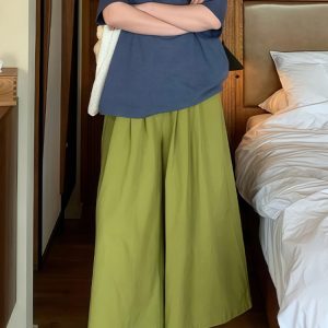 Women’s Green Draped Wide-Leg Pants, Summer Loose BF Style, Relaxed Fit for Petite Sizes, Trendy 2025 Fashion