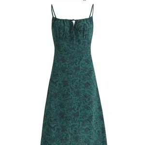Women's Green Floral Print Long Dress with Straps and Drawstring - French Style Summer Vacation 2025 Fashion