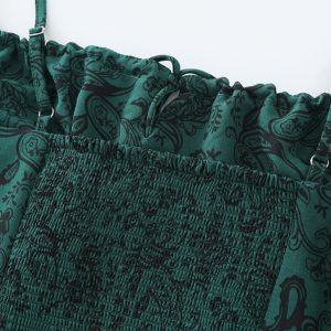 Women's Green Floral Print Long Dress with Straps and Drawstring - French Style Summer Vacation 2025 Fashion