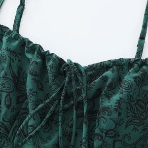 Women's Green Floral Print Long Dress with Straps and Drawstring - French Style Summer Vacation 2025 Fashion