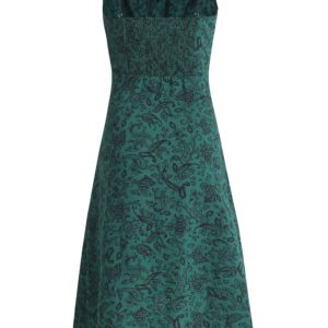 Women's Green Floral Print Long Dress with Straps and Drawstring - French Style Summer Vacation 2025 Fashion