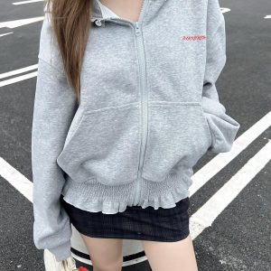 Women's Heartbeat Design Hooded Jacket - Spring Zippered Loose Fit Versatile Short Sweatshirt for Casual Y2K Style
