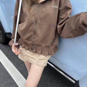 Women's Heartbeat Design Hooded Jacket - Spring Zippered Loose Fit Versatile Short Sweatshirt for Casual Y2K Style