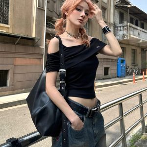 Women's High-End Black One-Shoulder Fitted T-Shirt, Summer Faux Two-Piece Camisole, Trendy Ins Style