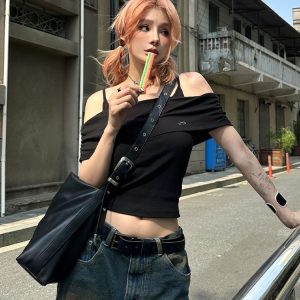 Women's High-End Black One-Shoulder Fitted T-Shirt, Summer Faux Two-Piece Camisole, Trendy Ins Style
