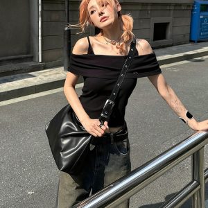 Women's High-End Black One-Shoulder Fitted T-Shirt, Summer Faux Two-Piece Camisole, Trendy Ins Style