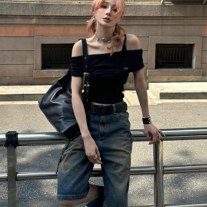 Women's High-End Black One-Shoulder Fitted T-Shirt, Summer Faux Two-Piece Camisole, Trendy Ins Style